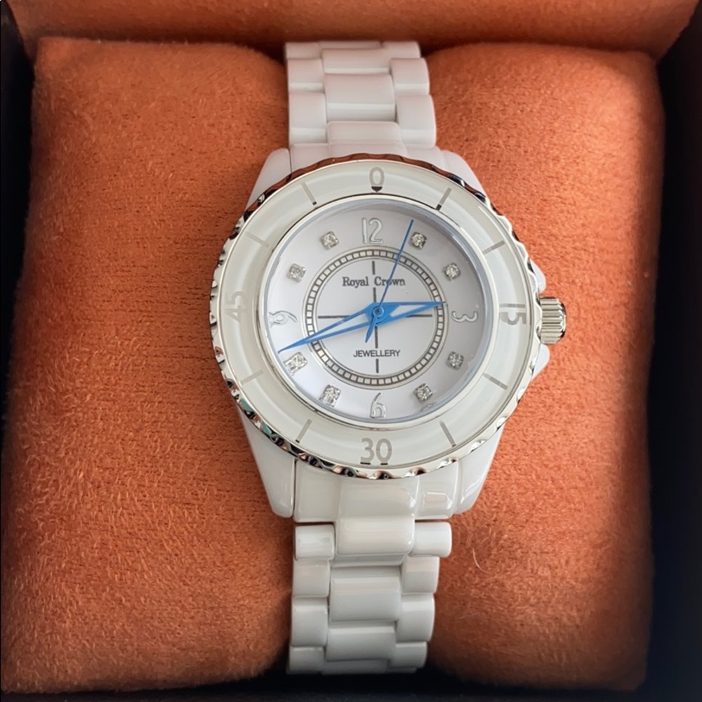 Royal Crown White Watch with Diamonds